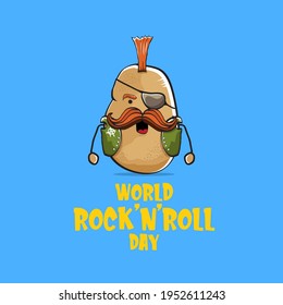 World rock n roll day poster with potato cartoon rock star character isolated on blue background. Rock n roll day poster design template