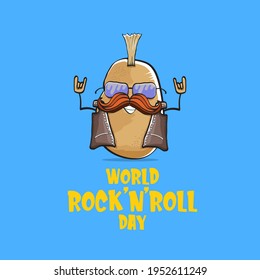 World rock n roll day poster with potato cartoon rock star character isolated on blue background. Rock n roll day poster design template