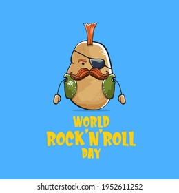 World rock n roll day poster with potato cartoon rock star character isolated on blue background. Rock n roll day poster design template