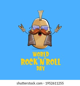 World rock n roll day poster with potato cartoon rock star character isolated on blue background. Rock n roll day poster design template