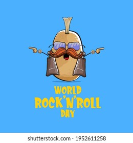 World rock n roll day poster with potato cartoon rock star character isolated on blue background. Rock n roll day poster design template