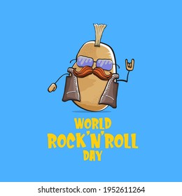 World rock n roll day poster with potato cartoon rock star character isolated on blue background. Rock n roll day poster design template