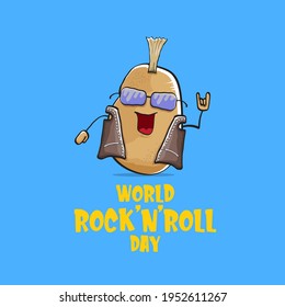World rock n roll day poster with potato cartoon rock star character isolated on blue background. Rock n roll day poster design template