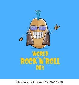 World rock n roll day poster with potato cartoon rock star character isolated on blue background. Rock n roll day poster design template