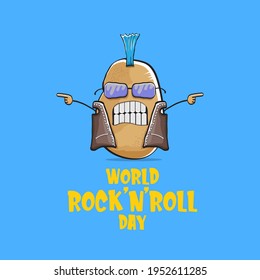 World rock n roll day poster with potato cartoon rock star character isolated on blue background. Rock n roll day poster design template