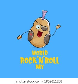 World rock n roll day poster with potato cartoon rock star character isolated on blue background. Rock n roll day poster design template