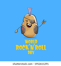 World rock n roll day poster with potato cartoon rock star character isolated on blue background. Rock n roll day poster design template