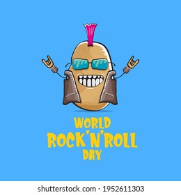 World rock n roll day poster with potato cartoon rock star character isolated on blue background. Rock n roll day poster design template