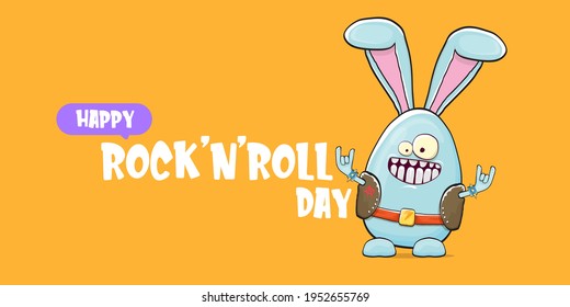 World rock n roll day horizontal banner with funny cartoon rock star rabbit character isolated on orange background. Rock n roll poster