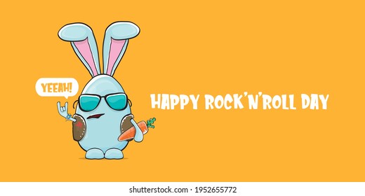 World rock n roll day horizontal banner with funny cartoon rock star rabbit character isolated on orange background. Rock n roll poster