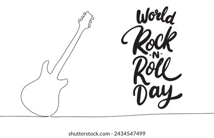 World Rock n Roll Day text banner line art guitar. Hand drawn vector art.