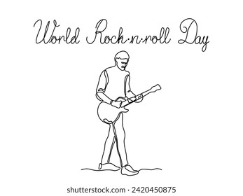 World rock and roll Day. guitarist. continuous one line art hand drawing sketch