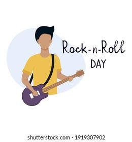 The world of rock and roll of the day. A man with an electric guitar. Lettering-hand lettering style. Vector illustration of the guitarist for the holiday of April 13.