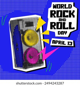 World Rock and Roll Day. Rocker collage grunge style. The holiday is on April 13th. A large music column with doodle illustrations in the style of pop art to the point. Banner for the holiday on blue