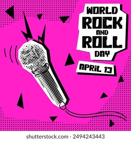 World Rock and Roll Day. Rocker collage grunge style. Holiday is on April 13th. Microphone with a wire with doodle illustrations in the style of pop art to the point. Banner for the holiday on pink