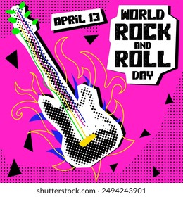 Día Mundial del Rock y el Roll. Rocker collage grunge estilo. El feriado es el 13 de abril. Guitarra eléctrica con ilustraciones de garabatos en el estilo del arte pop al punto. Anuncio para las vacaciones en rosa