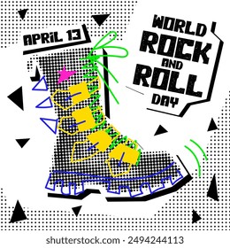 World Rock and Roll Day. Rocker collage grunge style. The holiday is on April 13th. A leather boot with doodle illustrations in the style of pop art to the point. Banner for the holiday on white