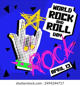 Día Mundial del Rock y el Roll. Rocker collage grunge estilo. Festiva es el 13 de abril. Mano en el signo del rock con ilustraciones de garabatos en el estilo de arte pop al punto. Anuncio para las vacaciones en azul