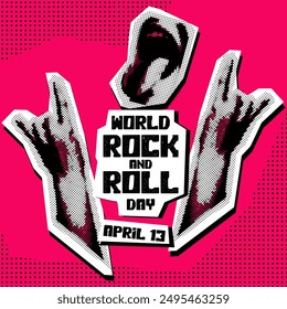 World Rock and Roll Day. Rocker collage grunge style. The holiday is on April 13th. An open mouth with hands rock in the style of pop art to the point. The banner for the holiday is pink, black, white