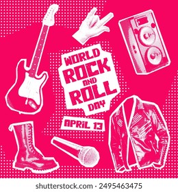 World Rock and Roll Day. Rocker collage grunge style. The holiday is on April 13th. A set of objects with music in the style of pop art to the point. The banner for the holiday is pink and white