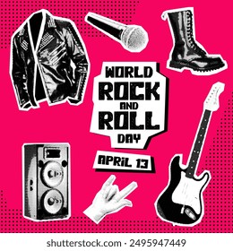 World Rock and Roll Day. Rocker collage grunge style. The holiday is on April 13th. Set of objects with music in the style of pop art to the point. The banner for the holiday is pink, black and white