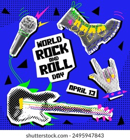 Día Mundial del Rock y el Roll. Rocker collage grunge estilo. El feriado es el 13 de abril. Un conjunto de objetos con ilustraciones de garabatos en el estilo de arte pop al punto. Anuncio para las vacaciones en azul