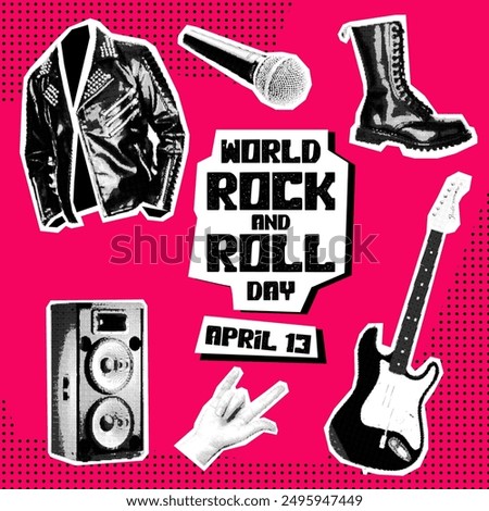 World Rock and Roll Day. Rocker collage grunge style. The holiday is on April 13th. Set of objects with music in the style of pop art to the point. The banner for the holiday is pink, black and white