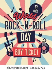 World Rock and Roll Day Typography Banner. Buy Ticket on Concert at Lowest Rate. Live Music with Electric Guitar and Place for Text on Back Background. Flat Cartoon Vector Illustration