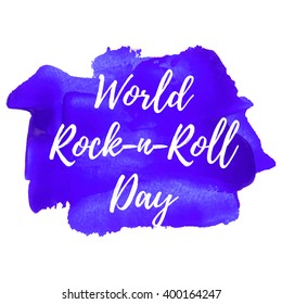 World Rock-n-Roll Day card, logo, poster, vector illustration on hand drawn violet paint background
