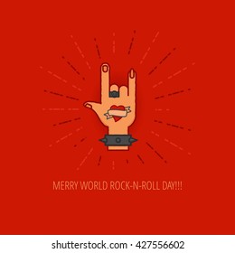 World Rock-n-Roll Day Celebration flat design template for greeting cards, posters and banners. Linear musician's hand with tattoo in rivet wristband on red color background
