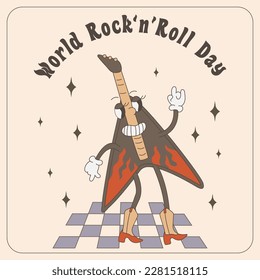 World rock-n-roll day in retro style. guitar mascot in trendy cartoon style