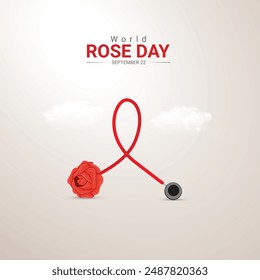 Welt Rose Day kreative Anzeigen Design. Rose, Band und Rose Symbol Vektorgrafik auf der Vorlage für den Hintergrund isoliert. Rosenplakat, Vektorgrafik, 3D, Illustration, 22. September. Wichtiger Tag, Festliche Musik Konzept.