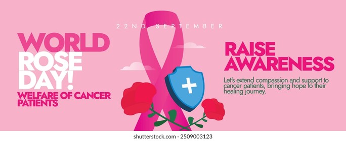 Weltrosentag für Krebspatienten. 22. September Rosetag Feier Cover Banner mit roten Rosen, rosa Band. Der Tag soll das Bewusstsein für Krebs schärfen und Solidarität mit Krebspatienten zeigen.