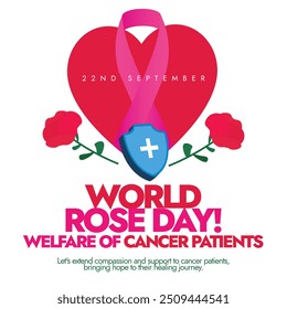 World Rose Day welfare of Cancer patient. 22 September Rose day celebration banner with red roses, pink ribbon, shield. The day raise awareness about cancer and to show solidarity with cancer patients