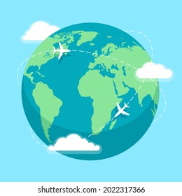 World round flights. Earth around aeroplane travel flight vector illustration, business plane globe trip, planet air tourism fly map