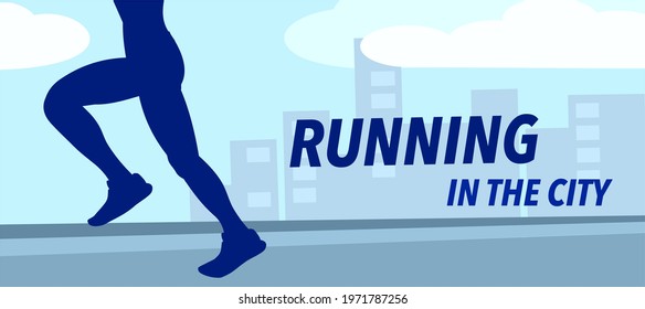 World Running Day. Banner for the holiday. A man runs through the city.