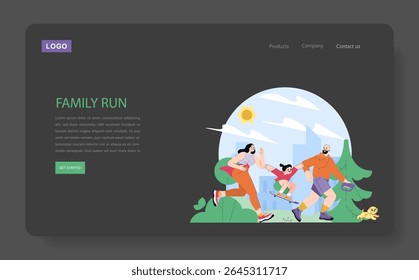 World Running Day concept. Family running together outdoors in city park on sunny day, parents holding hands with child, energetic activity, healthy lifestyle, joyful fitness celebration. Vector