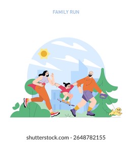 World Running Day concept. Family spending time outdoors running together in the city park under sunny weather with child on skateboard and dog, promoting healthy lifestyle and unity. Vector