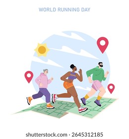 World Running Day concept. People of different backgrounds running together outdoors under the sun, celebrating health, fitness, and community on a global running map. Vector illustration.