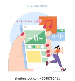 Conceito do Dia Mundial da Corrida. Uma pessoa gosta de música enquanto corre ao ar livre usando uma playlist móvel, apoiando energia, motivação e saúde através de ferramentas de corrida e fitness digital. Vetor