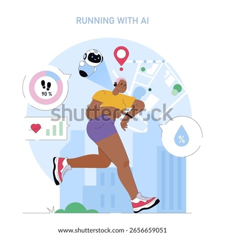 World Running Day concept. Runner using smart wearables and AI technology for tracking steps, heart rate and hydration with city background. Fitness data, progress, and digital health. Vector