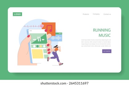 World Running Day concept. Someone enjoys music while running outdoors, using a smartphone music app. Heartbeat graphics and audio elements show energy, technology and motivation. Vector illustration.