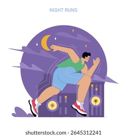 World Running Day concept. Urban night runner enjoying an energetic evening jog through city streets under a crescent moon, surrounded by buildings and glowing city lights. Vector illustration.