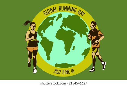 World running day concept vector design for post, banner. Global running day concept. Yang smiling happy man running. The concept of a healthy lifestyle and sports.