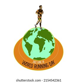 World running day concept vector design for post, banner. Global running day concept. Yang smiling happy man running. The concept of a healthy lifestyle and sports.