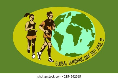 World running day concept vector design for post, banner. Global running day concept. Yang smiling happy man running. The concept of a healthy lifestyle and sports.