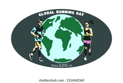 World running day concept vector design for post, banner. Global running day concept. Yang smiling happy man running. The concept of a healthy lifestyle and sports.