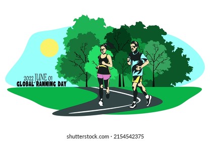 World running day concept vector design for post, banner. Global running day concept. Yang smiling happy man running. The concept of a healthy lifestyle and sports.