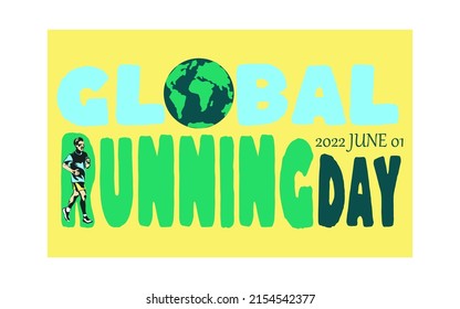 World running day concept vector design for post, banner. Global running day concept. Yang smiling happy man running. The concept of a healthy lifestyle and sports.