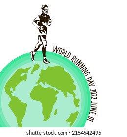 World running day concept vector design for post, banner. Global running day concept. Yang smiling happy man running. The concept of a healthy lifestyle and sports.